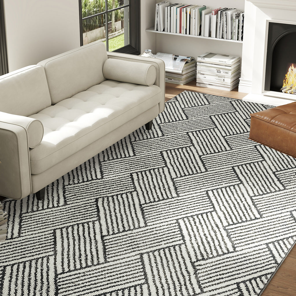 HOMCOM Teppich Wohnzimmer 230 x 160 cm kurzer Flor maschinenwaschbar hypoallergen für Wohnzimmer, Schlafzimmer, Büro, Hellgrau