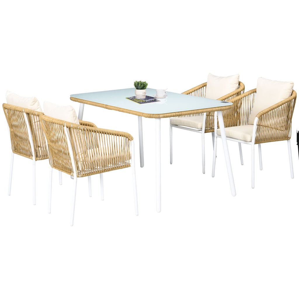 Outsunny Gartengarnitur, 5-teilig, Rattanoptik, Sitz- & Rückenkissen, rostfreier Alu-Rahmen, Gelb/Weiß/Beige