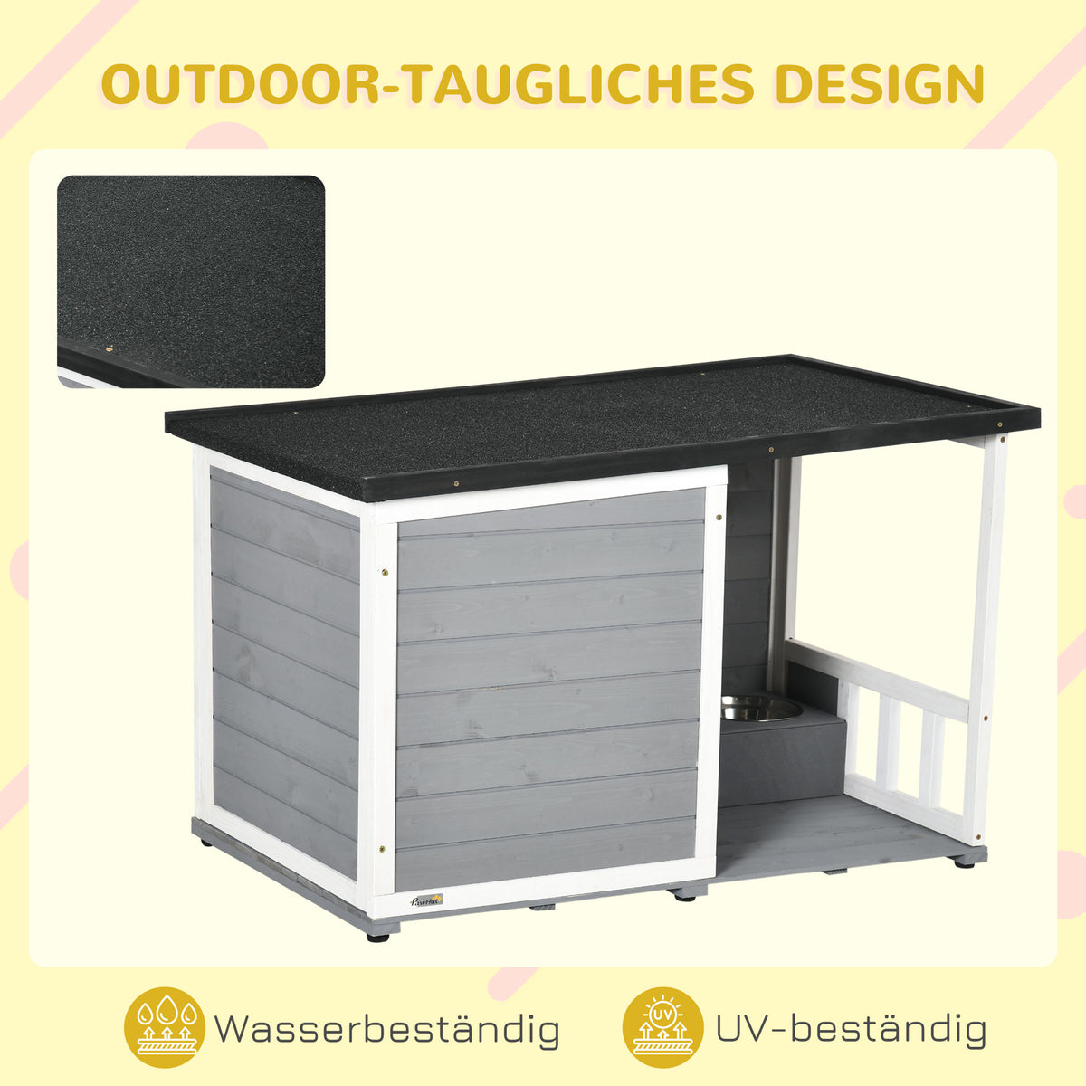 PawHut Hundehütte aus Massivholz, mit 2 Fressnäpfen, Veranda, wetterbeständig, 103 cm x 62 cm x 66 cm, Grau + Weiß