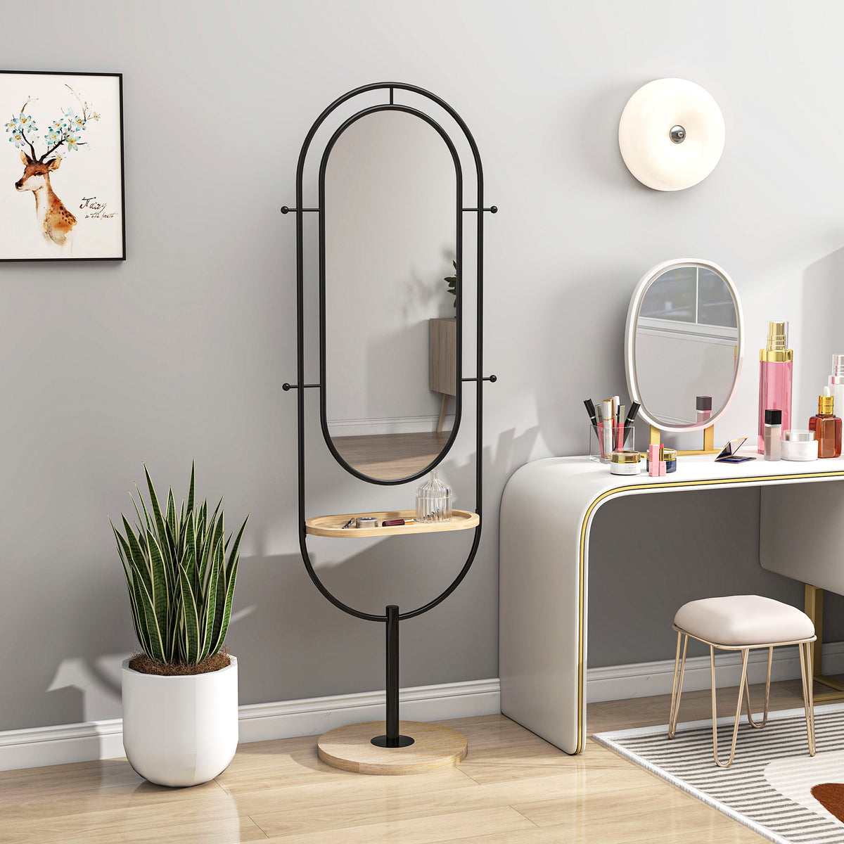 HOMCOM Ovaler Standspiegel mit Holzregal, 4 Haken und Metallrahmen, 50 x 40 x 175,5 cm, Schwarz