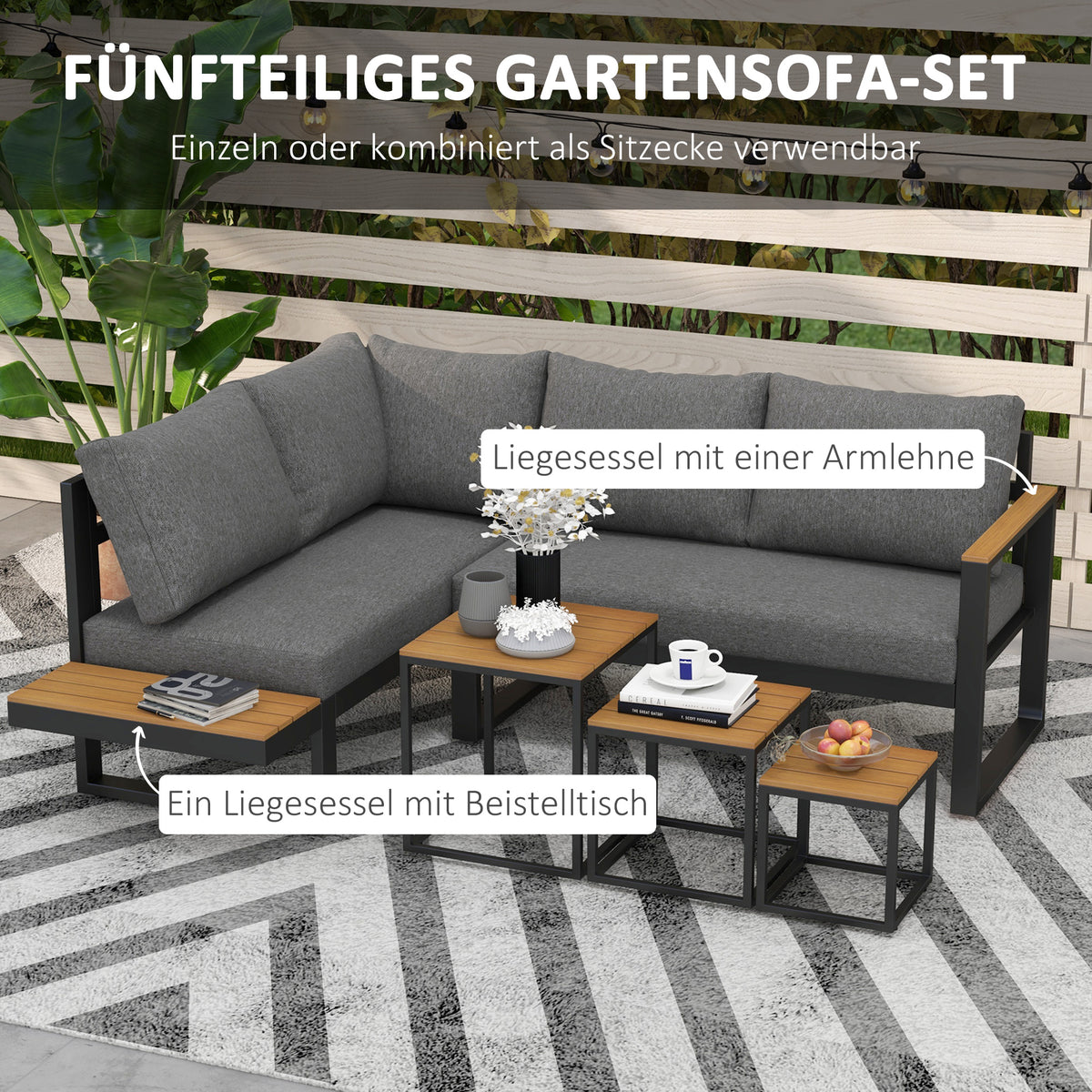 Outsunny Outdoorsitzgruppe 5-teiliges Loungemöbelsicht Gartenmöbelset, 148 cm x 61 cm x 71,5 cm, Grau + Natur