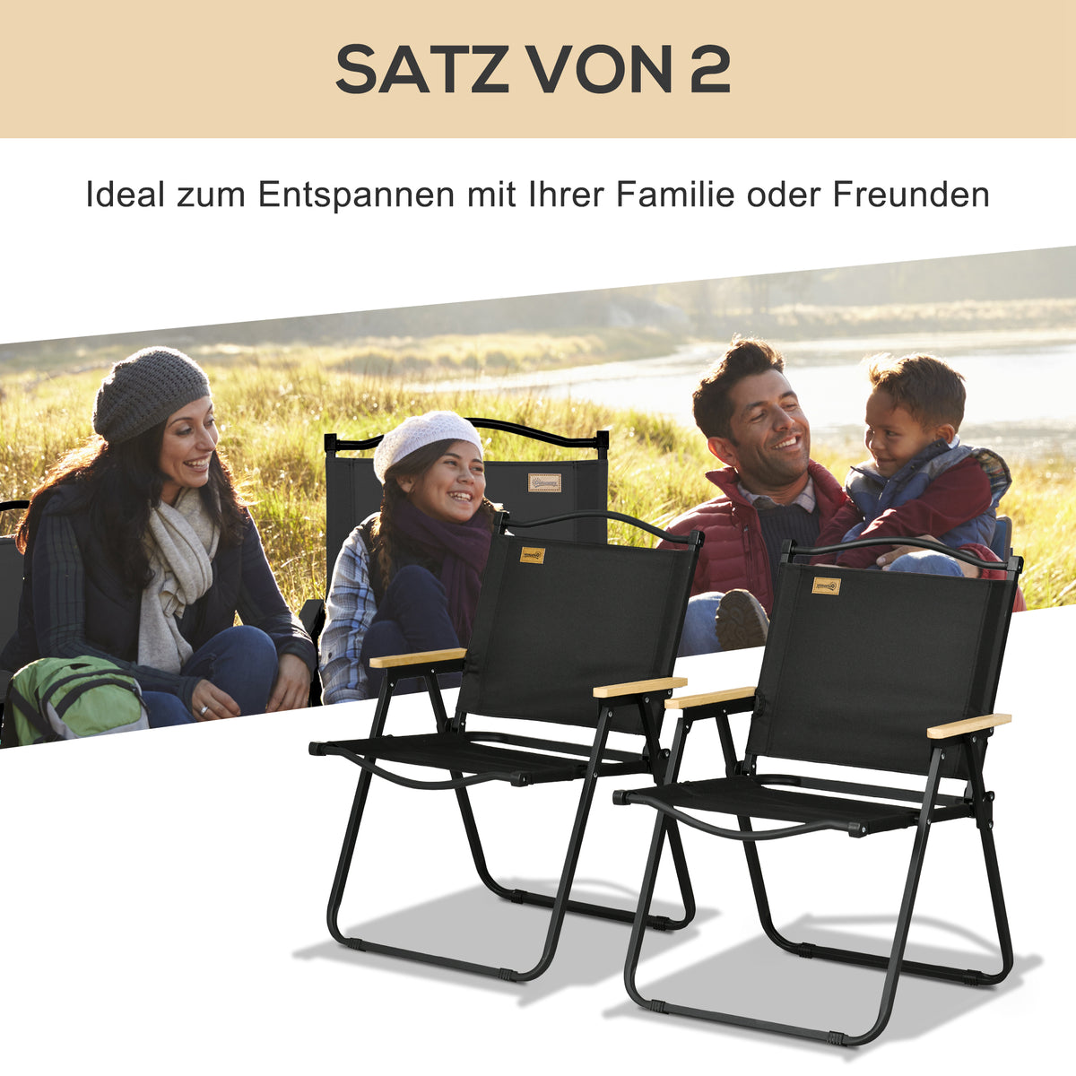 Outsunny Campingstühle, 2 x Strandstuhl, faltbar, Stahl, Holzoptik, Schwarz