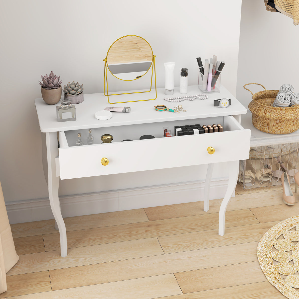 HOMCOM Schminktisch mit großer Schublade und geschwungenen Beinen, Schminktisch für Schlafzimmer, 100 x 40 x 74 cm, weiß