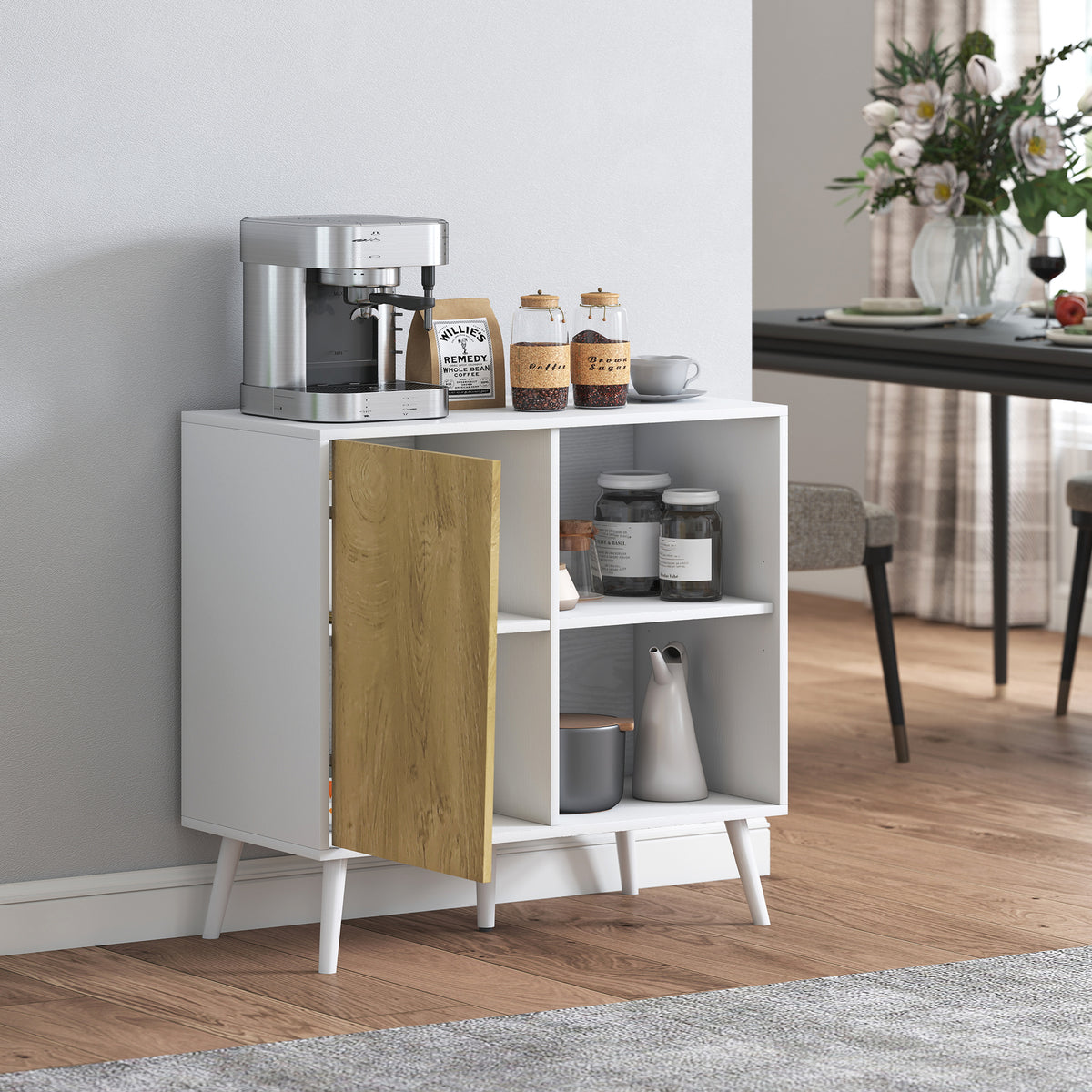 HOMCOM Sideboard mit Schrank und Aufbewahrungsfach, aus Holz, 80x39x76 cm, Weiß