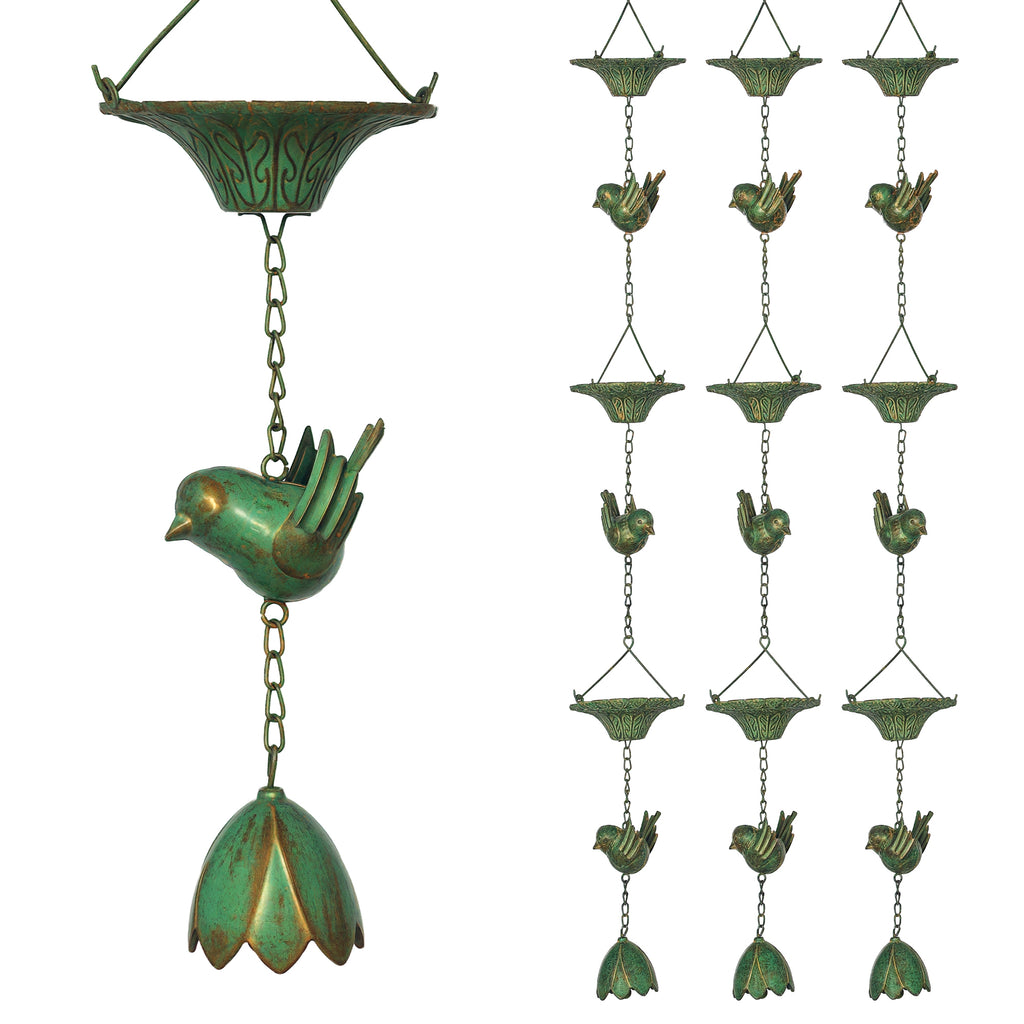 Outsunny 3er Set Regenkette 123cm Regenablaufkette aus Metall Ablaufkette mit befestigtem Aufhänger Vögeln Bell Grün
