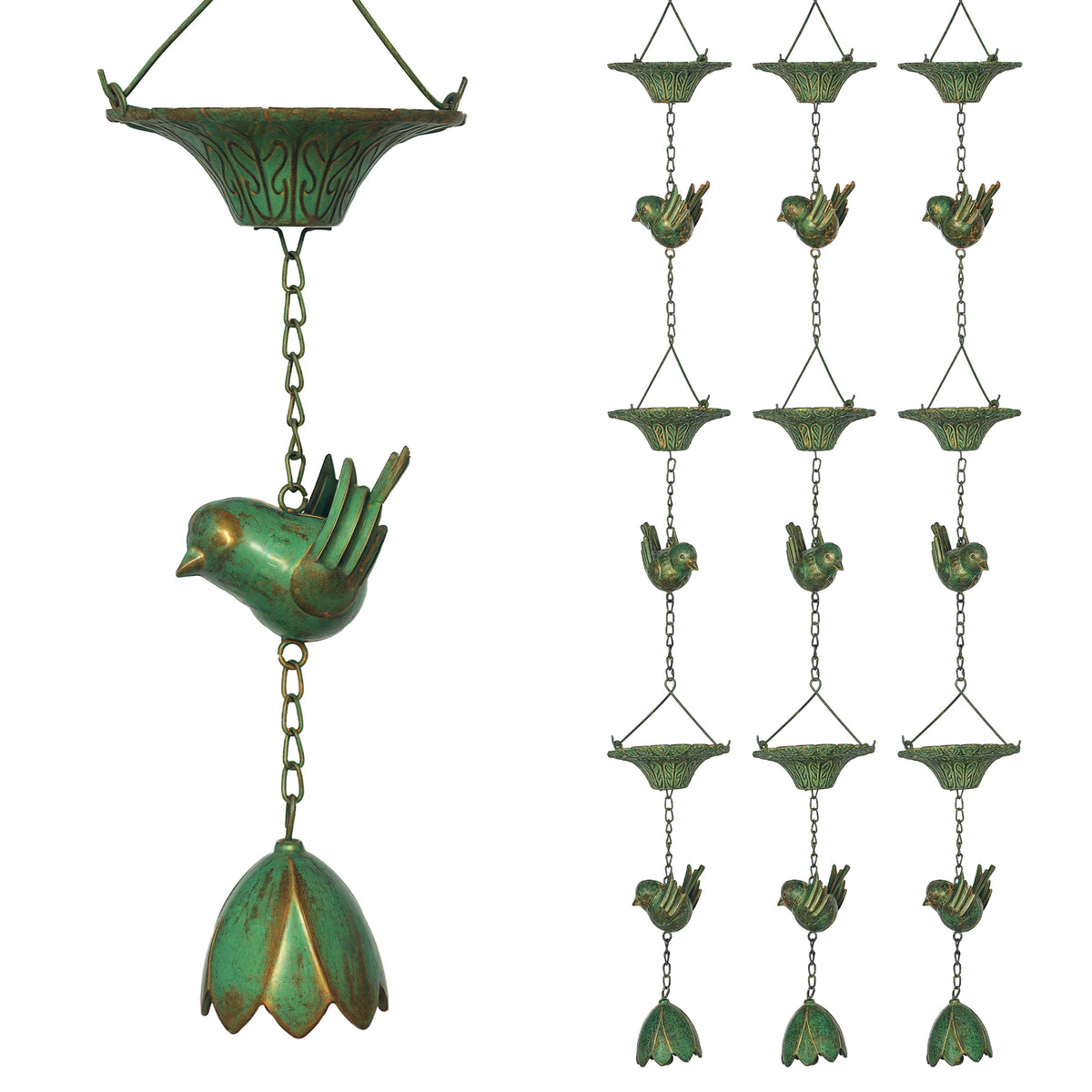 Outsunny 3er Set Regenkette 123cm Regenablaufkette aus Metall Ablaufkette mit befestigtem Aufhänger Vögeln Bell Grün