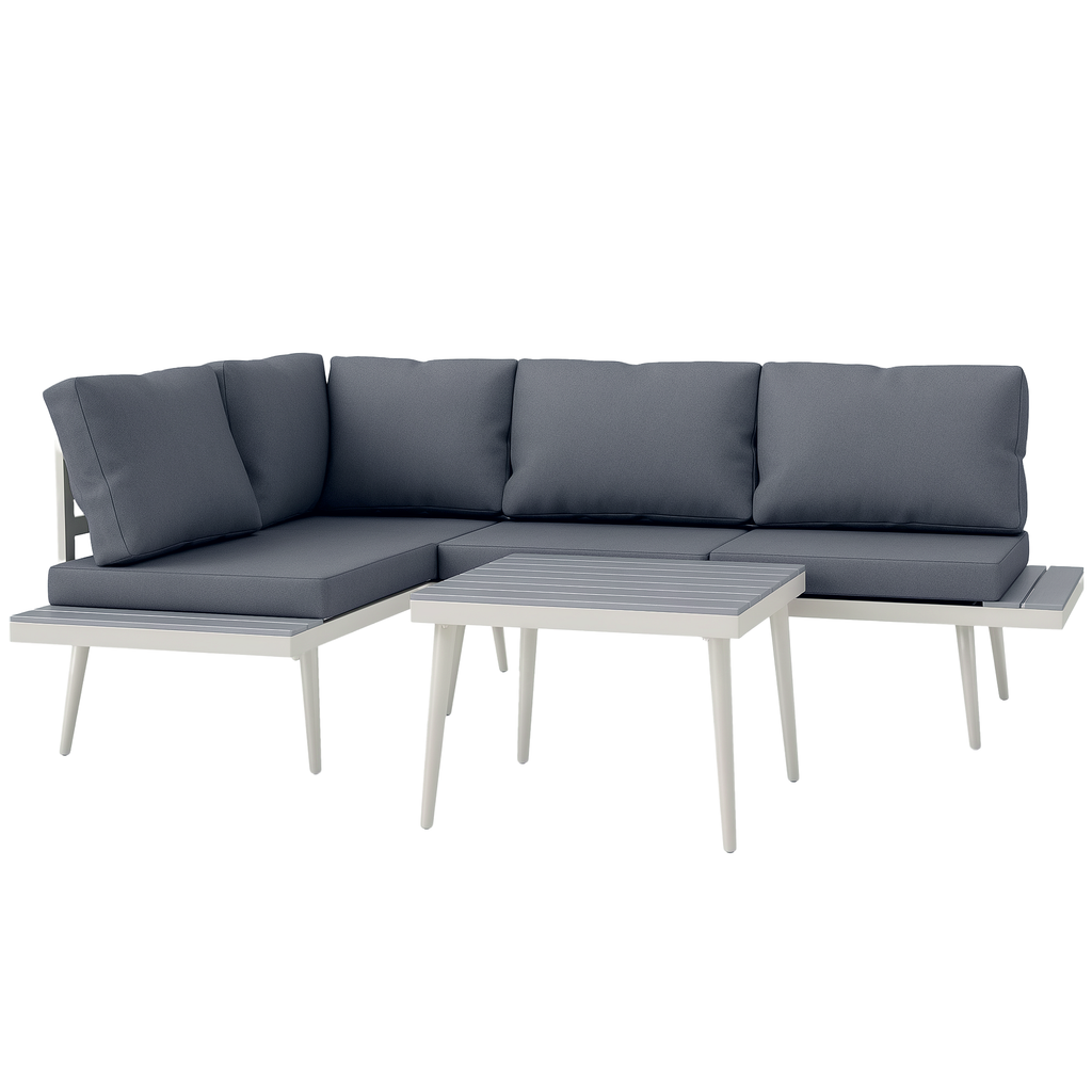 Outsunny Gartenmöbel Set 4 Personen wetterfest Balkonmöbel-Set mit 2er Sofa, Kissen Beistelltisch Stahl Grau