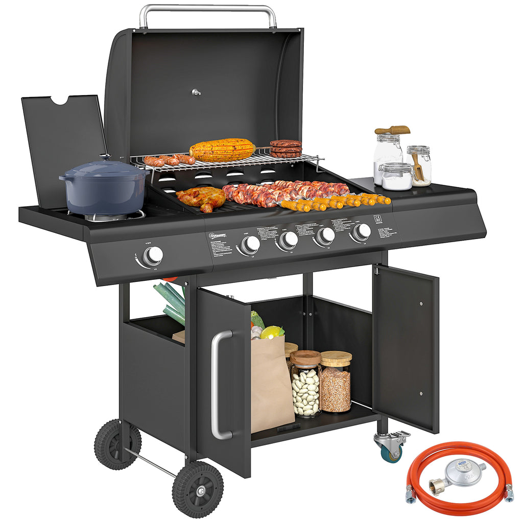 Outsunny Gasgrill 15,2 KW Grillwagen inkl 5 Edelstahl-Brenner Rolle Seitenkocher 129,5 x 56 x 110 cm Schwarz