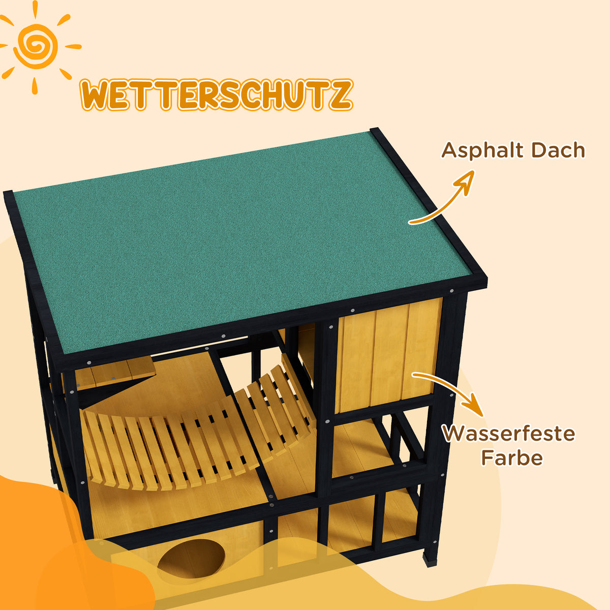 PawHut Katzenhaus Katzenhütte Katzenhöhle, wetterbeständig, 1 Rampe, 1 Plattform,  84,5 x 60 x 88 cm, Grün + Natur