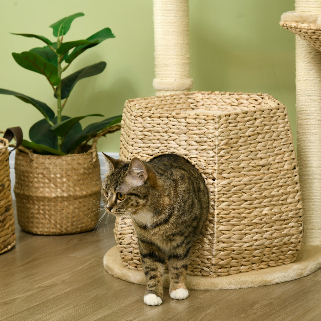 PawHut Kratzbaum Kletterbaum Kratzbrett für Katzen Höhe 119 cm verstärkte Säulen mit Höhle Hängematte 2 hängende Bälle