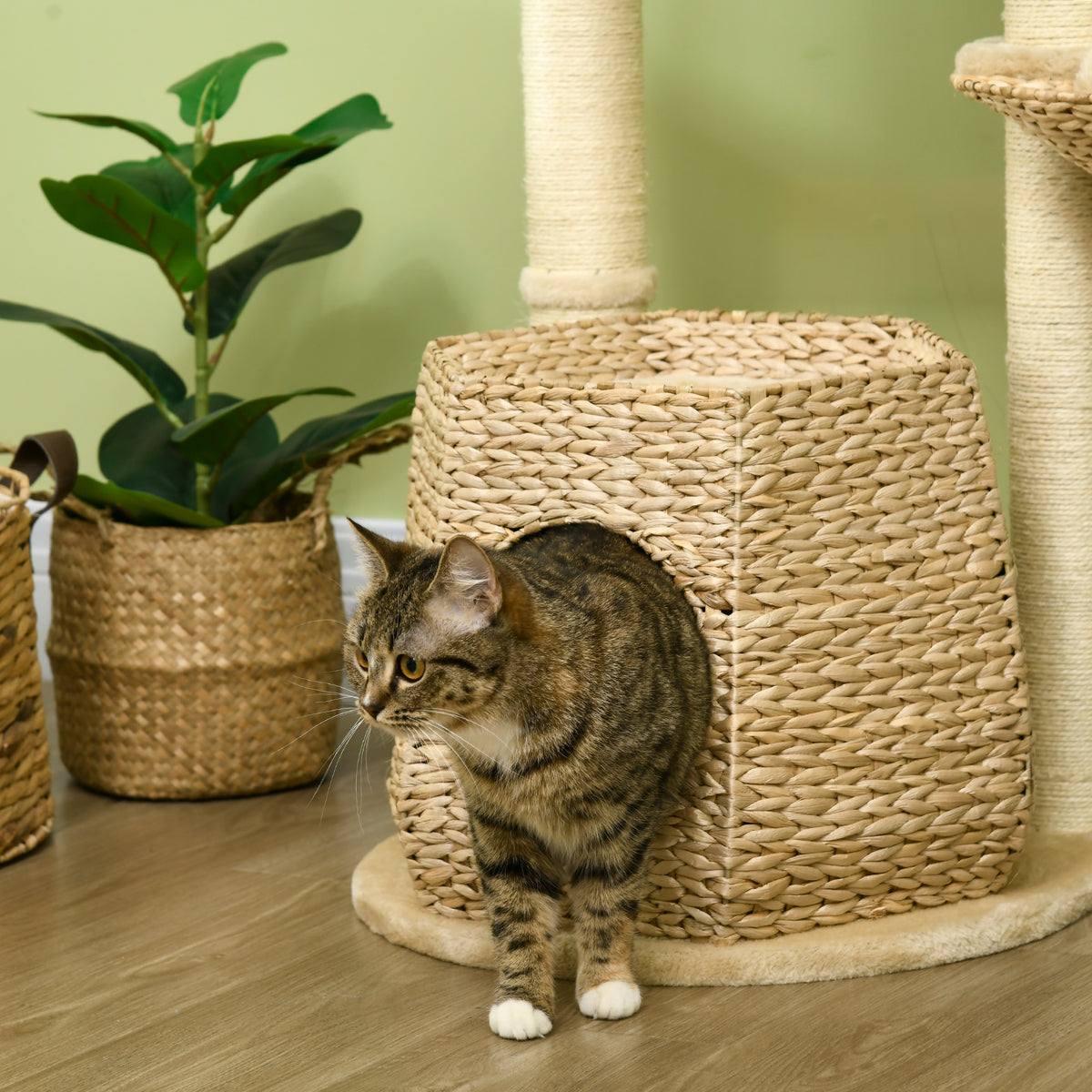 PawHut Kratzbaum Kletterbaum Kratzbrett für Katzen Höhe 119 cm verstärkte Säulen mit Höhle Hängematte 2 hängende Bälle
