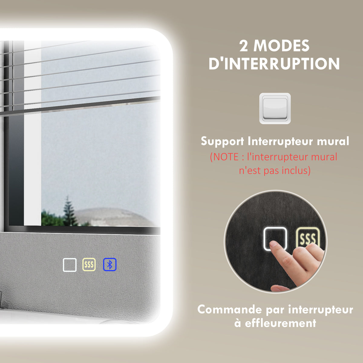 HOMCOM Badezimmerspiegel LED Bluetooth 50 x 70 cm Touch-Schalter einstellbares Licht 3 Farben Anti-Beschlag Speicher Silber