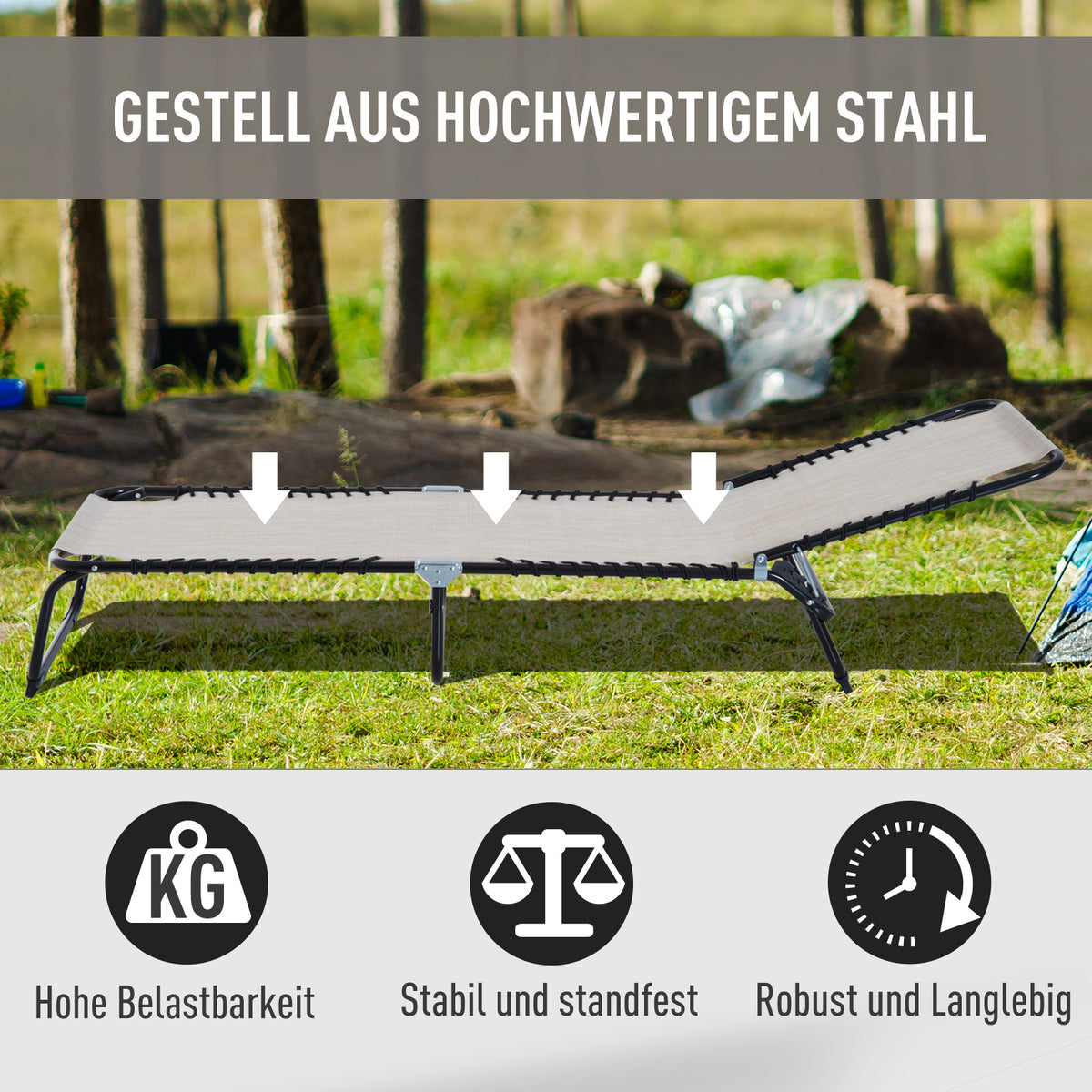 Outsunny Sonnenliege klappbar Gartenliege, Liegestuhl mit 4-Fach verstellbare Rückenlehne, wetterfeste Campingliege bis 120 kg belastbar, für Garten Strand Pool, Cremeweiß