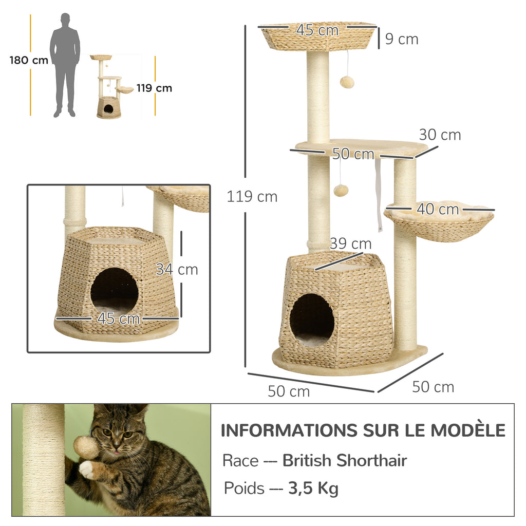 PawHut Kratzbaum Kletterbaum Kratzbrett für Katzen Höhe 119 cm verstärkte Säulen mit Höhle Hängematte 2 hängende Bälle