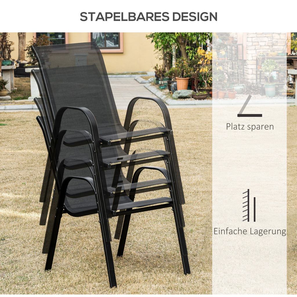 Outsunny Gartenstuhl 2er Set wetterfest Gartenstühle Stapelstuhl mit Armlehne Rückenlehne stapelbar Terrassenstuhl bis 120 kg belastbar Gartenmöbel für Hinterhof, Garten, Balkon Schwarz