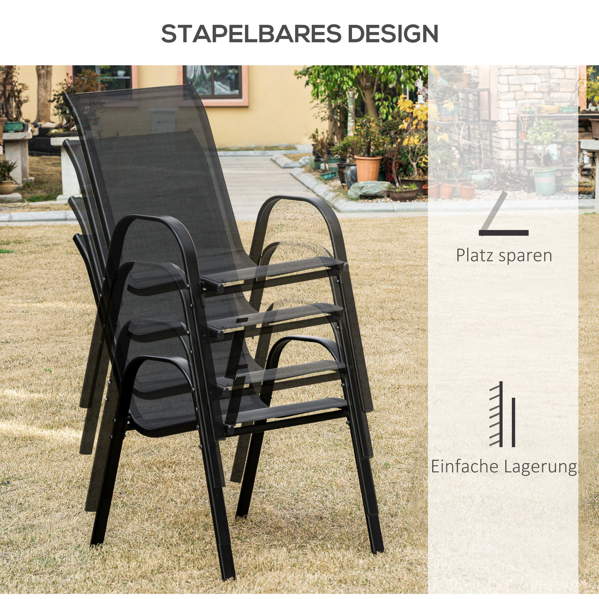 Outsunny Gartenstuhl 2er Set wetterfest Gartenstühle Stapelstuhl mit Armlehne Rückenlehne stapelbar Terrassenstuhl bis 120 kg belastbar Gartenmöbel für Hinterhof, Garten, Balkon Schwarz