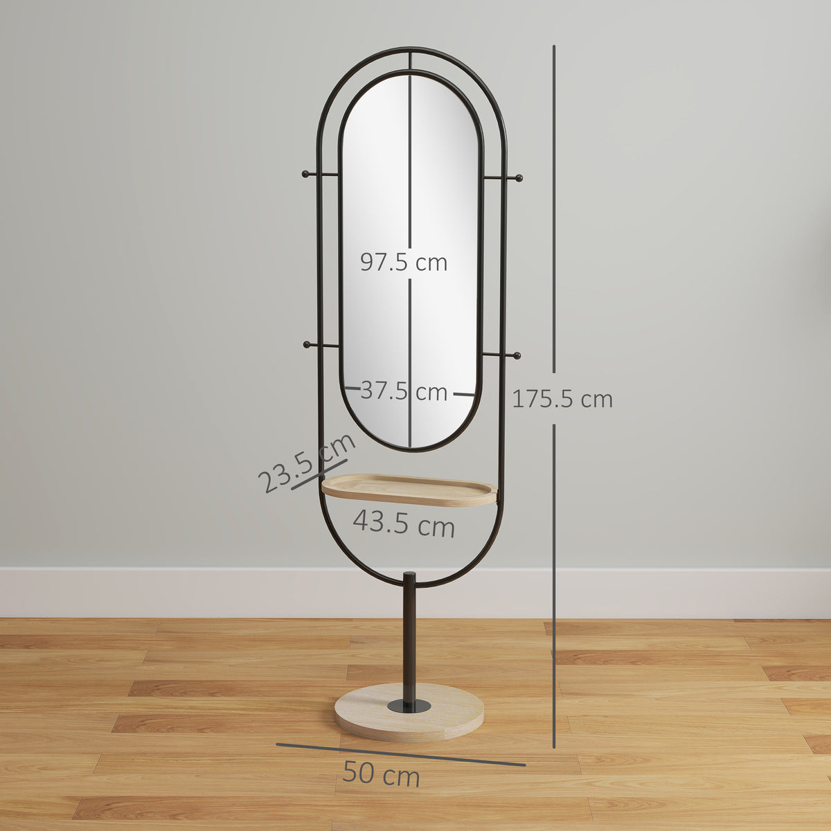 HOMCOM Ovaler Standspiegel mit Holzregal, 4 Haken und Metallrahmen, 50 x 40 x 175,5 cm, Schwarz