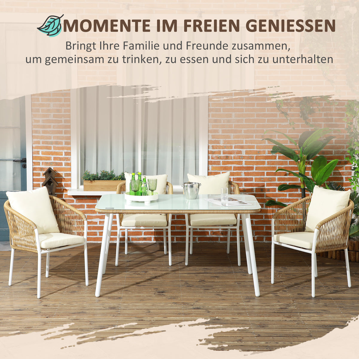 Outsunny Gartengarnitur, 5-teilig, Rattanoptik, Sitz- & Rückenkissen, rostfreier Alu-Rahmen, Gelb/Weiß/Beige