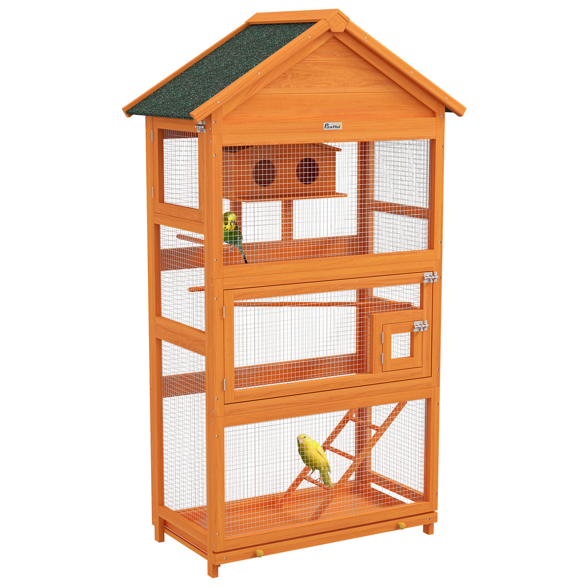 PawHut Vogelkäfig aus Holz, Papageienkäfig, Spielbereich, wasserdichtes Asphaltdach, 92 x 52 x 171 cm, Orange