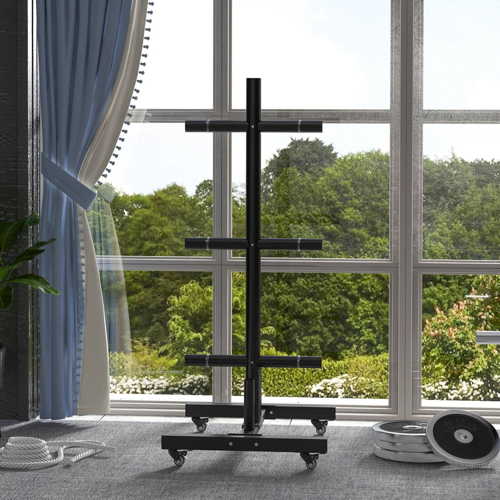 SPORTNOW Hantelscheibenablage, 6 Tragarme, 2 Hülsen für Hantelstangen, bis 200 kg, Stahl, 70 x 60 x 135 cm, schwarz