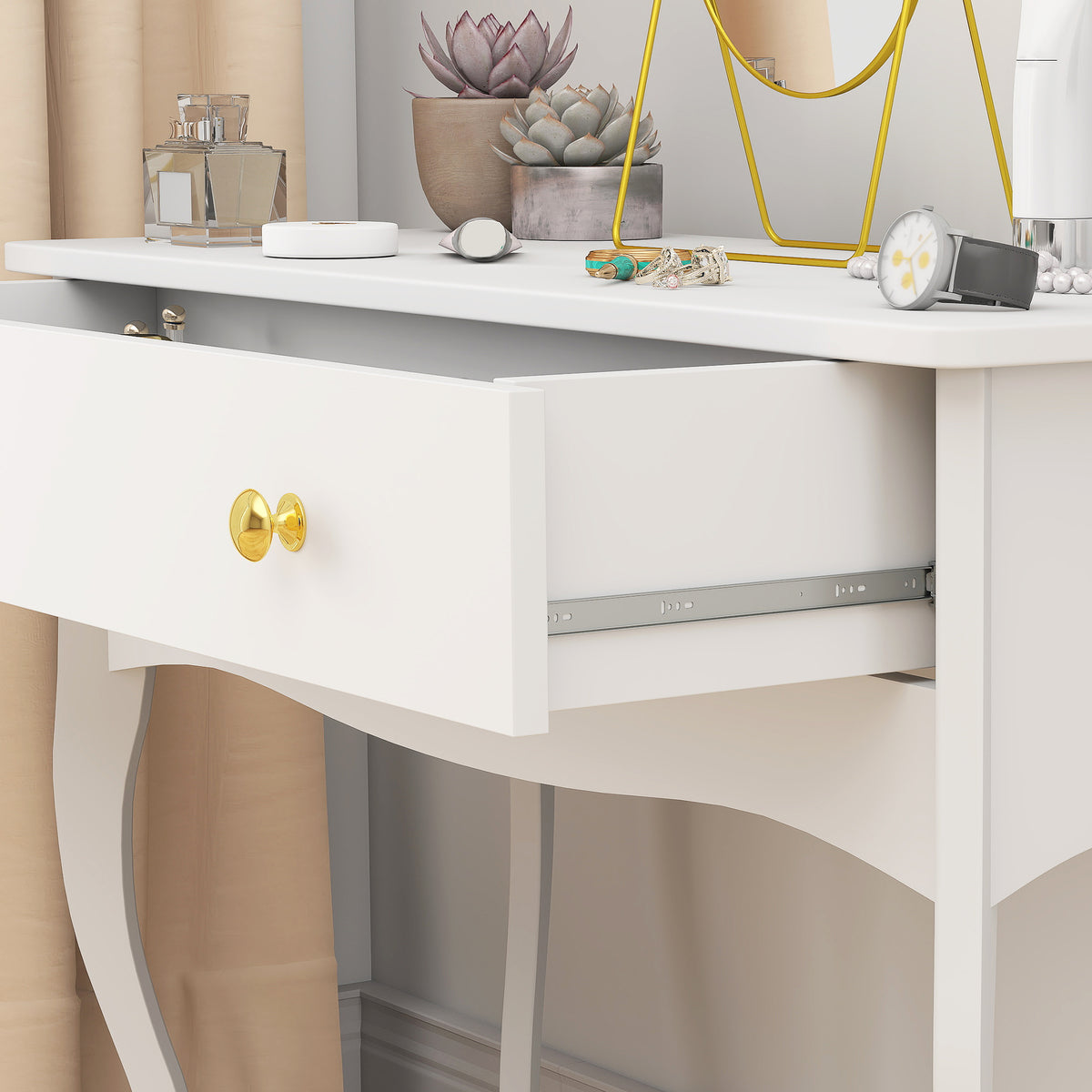 HOMCOM Schminktisch mit großer Schublade und geschwungenen Beinen, Schminktisch für Schlafzimmer, 100 x 40 x 74 cm, weiß