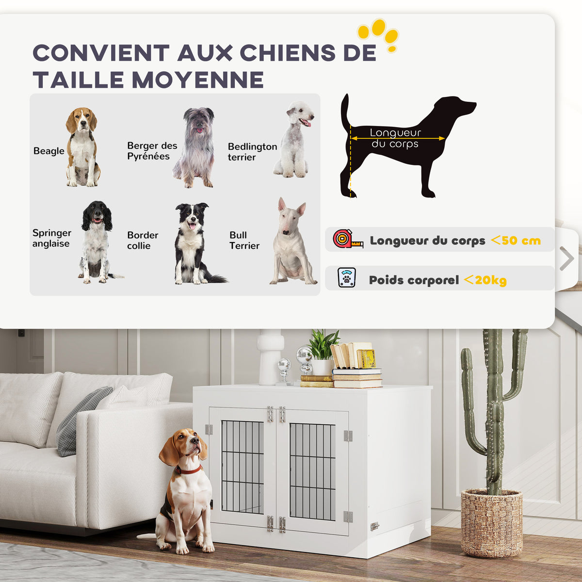PawHut Hundekäfig für den Innenbereich, Hundekäfig aus Holz, 2 drehbare 360° Näpfe, 2 Türen, mittelgroßer Hund, 80 x 60 x 63 cm weiß